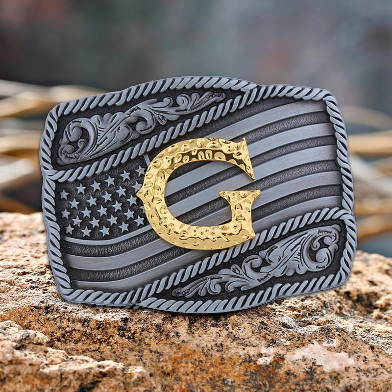 Fibbadet Store Western Cowboy Initial Letters A-Z American Flag Belt Buckle for Men Fathers Day Boyfriend Husband - Image 1